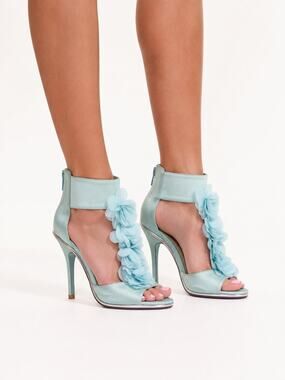 Blue by Betsey Johnson Blue Satin Floral Stiletto Heels Women's Size 6.5 W.Box